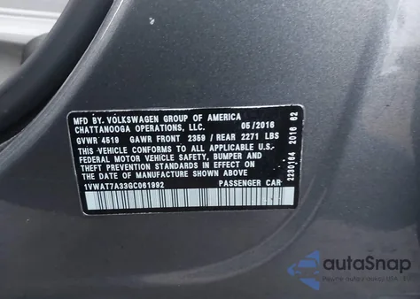 2016 Volkswagen Passat 1.8T S z USA, uszkodzony, nr VIN 1VWAT7A33GC061992